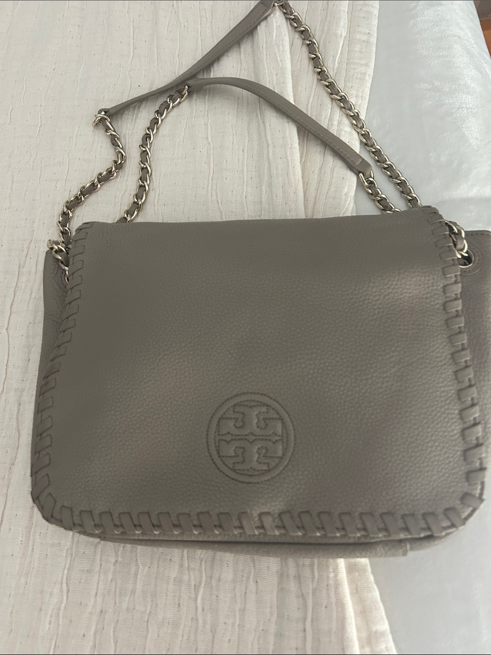 Tory Burch Gray Leather Whipstitch Chain Crossbody